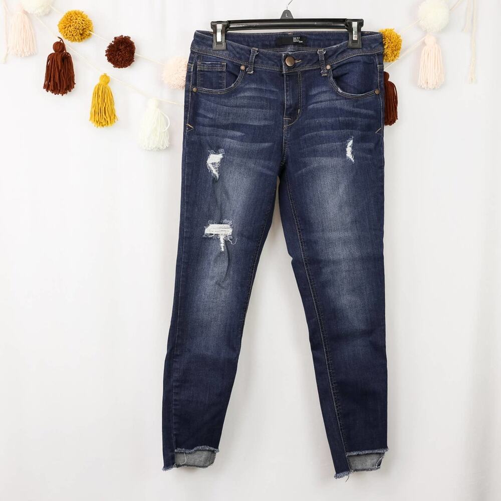 1822 Denim Dark Wash Skinny Mid Rise Ankle Jeans Distressed Raw Cut Off Hem 6